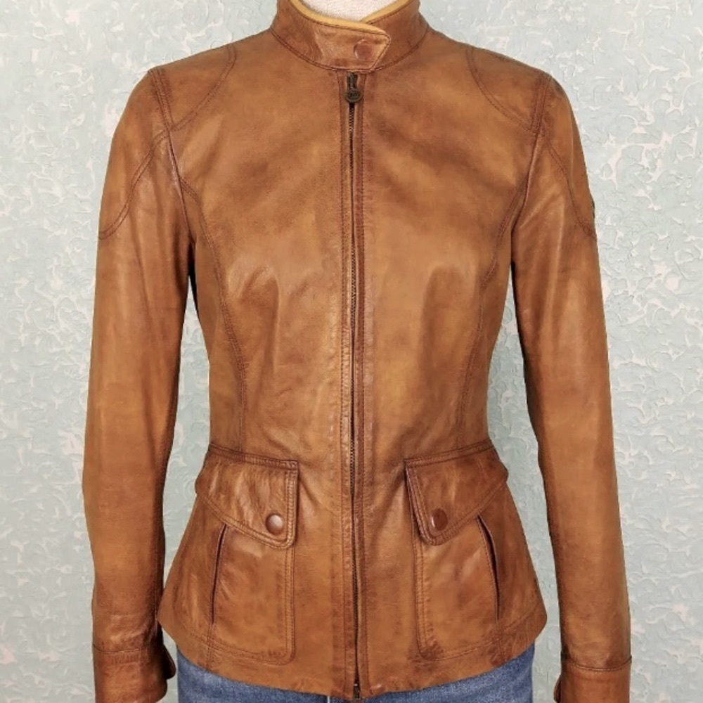 MATCHLESS Women’s Leather Moto Jacket, Camel, EU Size 40